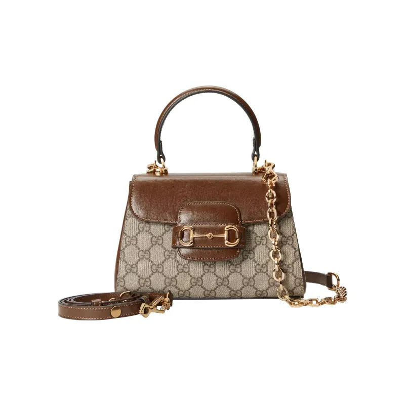 GUCCI Horsebit 1955 Canvas With Leather Shoulder Bag, Crossbody Bag, Handbag Mini Women's Brown/Ebony-1