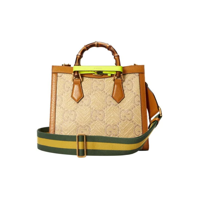 GUCCI Diana Raffia With Leather Tote Bag Shopping Bag Shoulder Bag Crossbody Bag Handbag Small Size Women's Orange-2