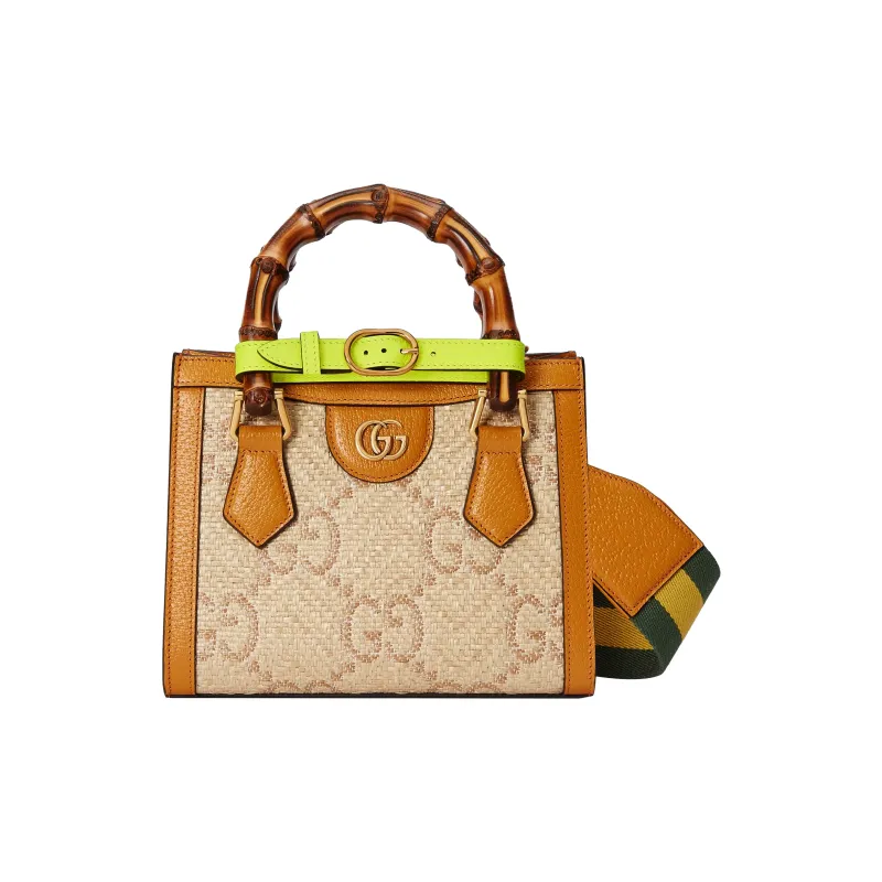 GUCCI Diana Raffia With Leather Tote Bag Shopping Bag Shoulder Bag Crossbody Bag Handbag Mini Women's Beige-1