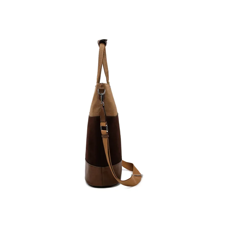 Slazenger PU Bonded Canvas Bucket Bag Shoulder Bag Tote Handbag Medium Size Unisex Light Brown Multicolor-2