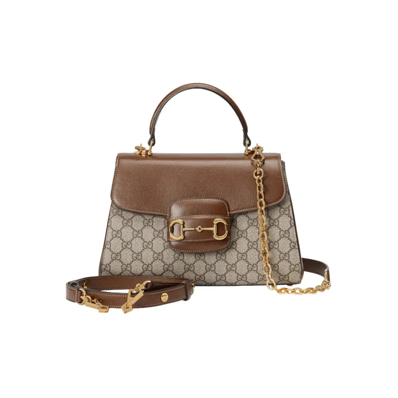 GUCCI Horsebit 1955 Supreme Canvas With Leather Trim Shoulder Bag Crossbody Bag Handbag Medium Size Women's Brown/Ebony-1