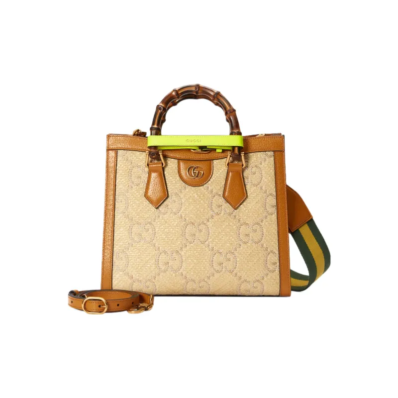 GUCCI Diana Raffia With Leather Tote Bag Shopping Bag Shoulder Bag Crossbody Bag Handbag Small Size Women's Orange-4