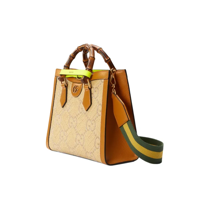 GUCCI Diana Raffia With Leather Tote Bag Shopping Bag Shoulder Bag Crossbody Bag Handbag Small Size Women's Orange-1