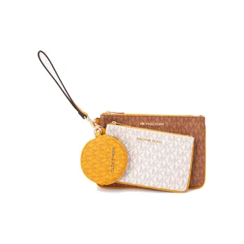 MICHAEL KORS Jet Set Artificial Leather Coin Purse Clutch Women's Leather Brown/White/Chrysanthemum Yellow