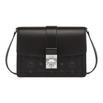 MCM Tracy Visetos Leather With Coated Canvas Messenger Bag Crossbody Bag Shoulder Bag Women's Black