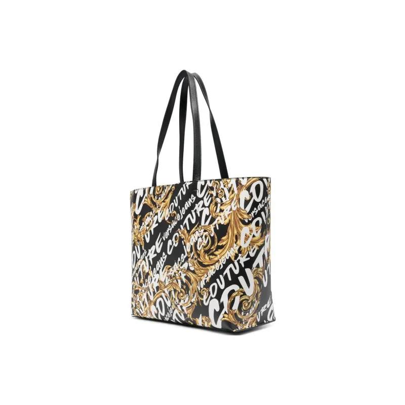 VERSACE JEANS COUTURE Polyester Tote Bag, Shopping Bag, Handbag, Shoulder Bag Women's Black & White & Gold-1