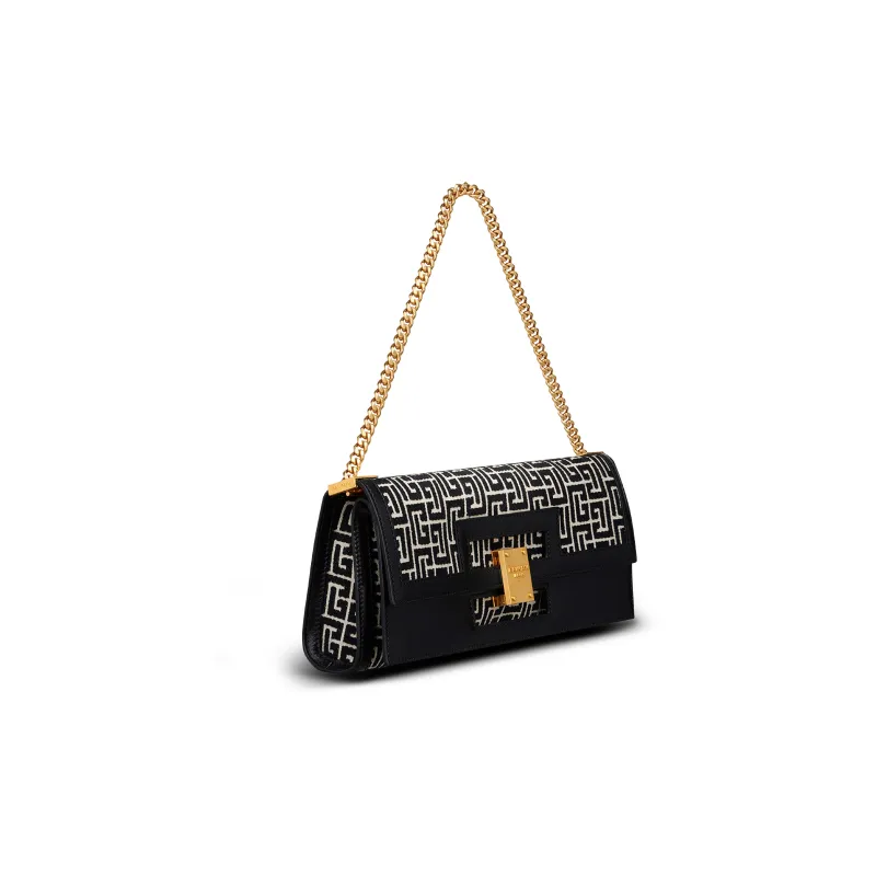 BALMAIN 1945HERITAGE Jacquard Calfskin Trim Handheld Shoulder Bag Women's Black White-4