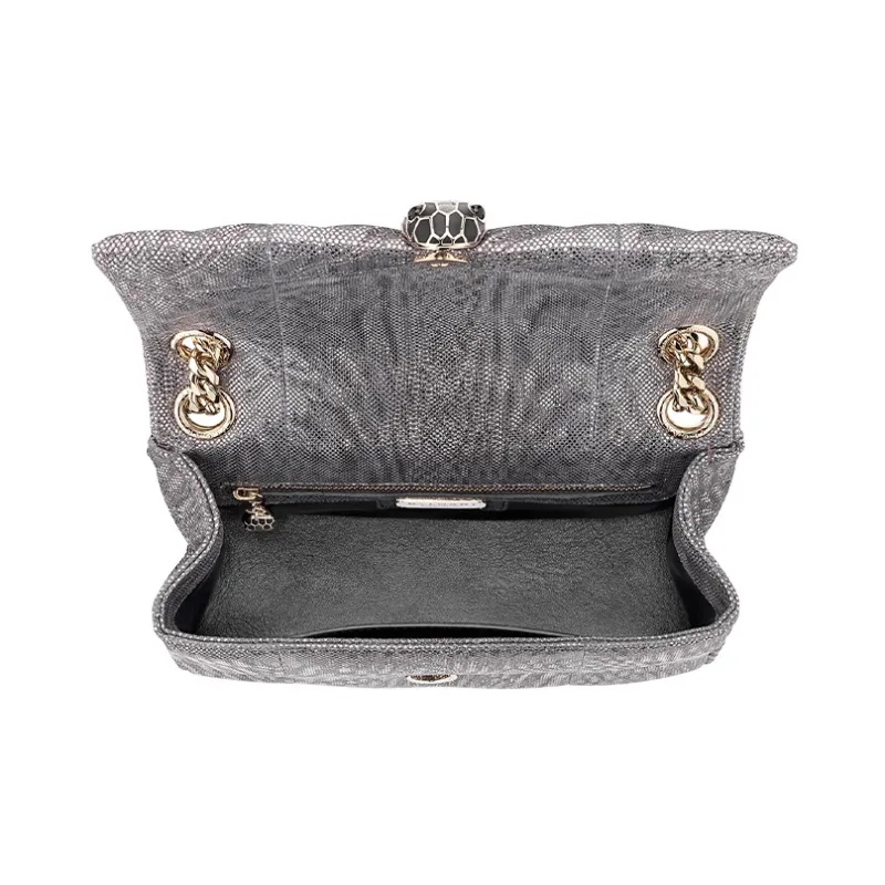 BVLGARI Serpenti Cabochon Water Snake Skin Crossbody Bag Shoulder Bag Small Size Women's Gray-3