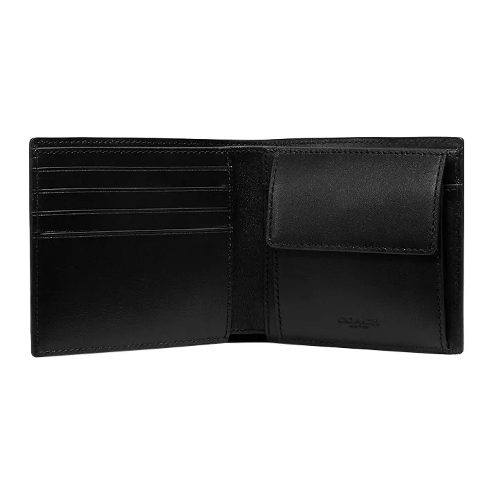 COACH Signature Coated Canvas With Refined Calfskin Card Holder, Wallet Men's Black-3