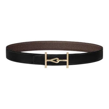 HERMES Gold Buckle Togo Calfskin Double Sided Leather Belt Men's Black/Brown Width  3.2cm