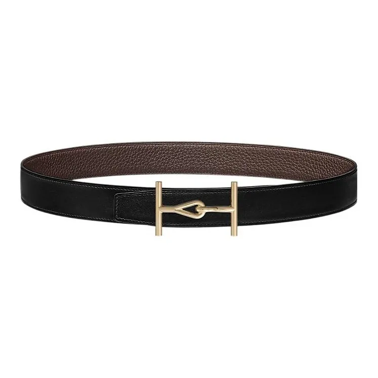 HERMES Gold Buckle Togo Calfskin Double Sided Leather Belt Men's Black/Brown Width  3.2cm-0