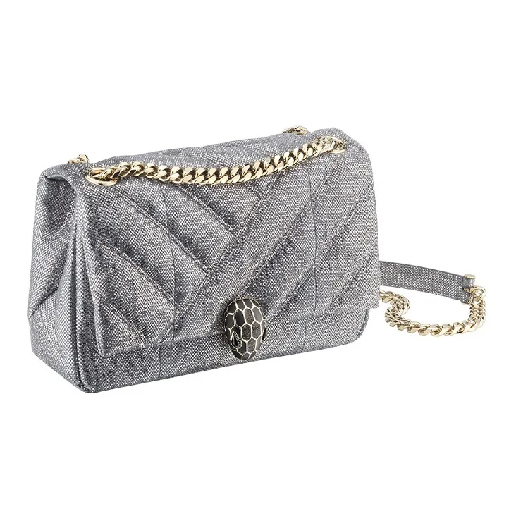 BVLGARI Serpenti Cabochon Water Snake Skin Crossbody Bag Shoulder Bag Small Size Women's Gray-1