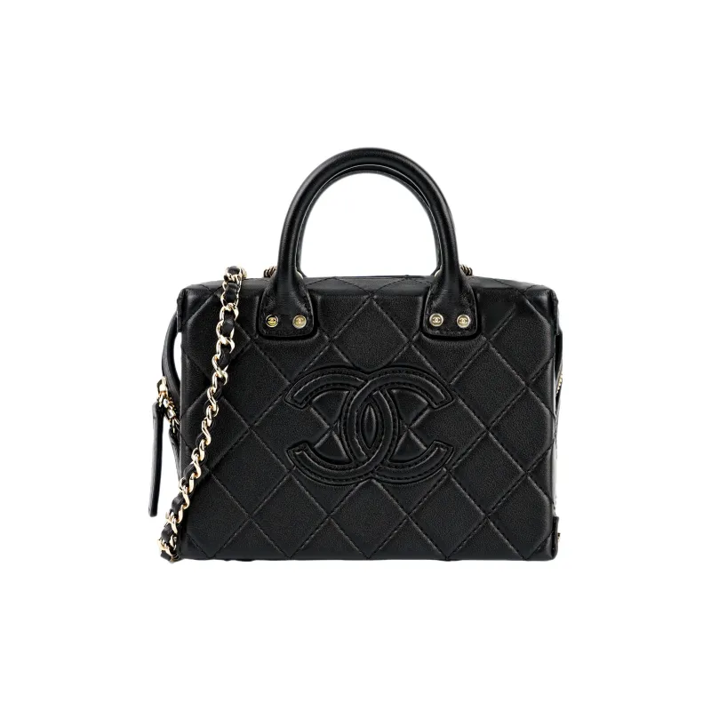 CHANEL Cow Leather Makeup Bag Briefcase Handbag Trumpets Women's Black-0