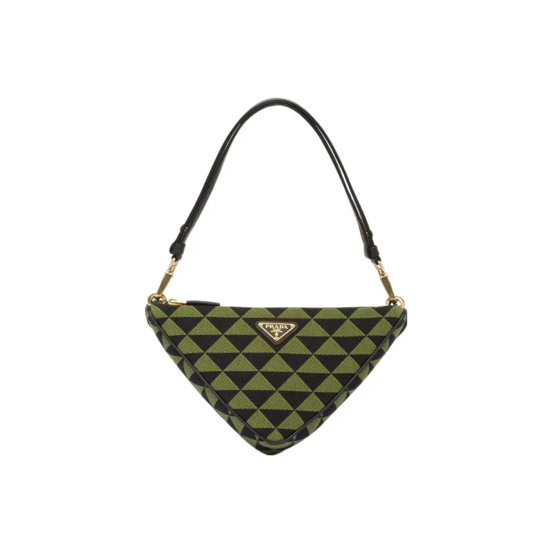 PRADA Triangle Leather With Fabric Triangle Bag Handbag Handbag Mini Women's Black/Ivy Green-0