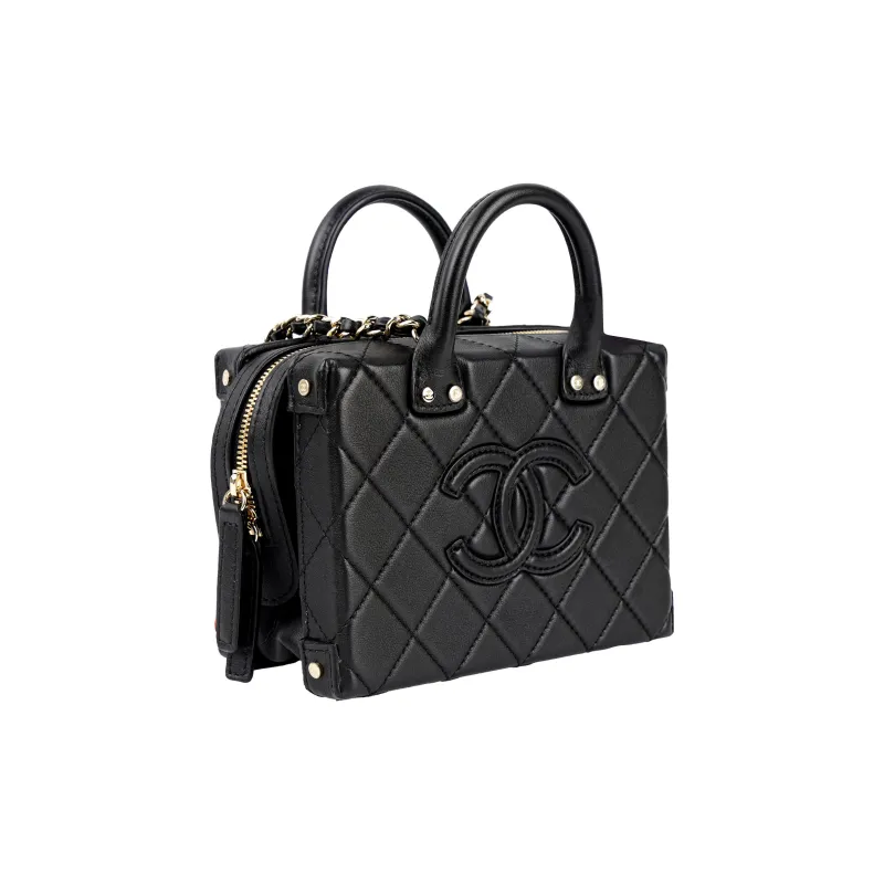 CHANEL Cow Leather Makeup Bag Briefcase Handbag Trumpets Women's Black-2