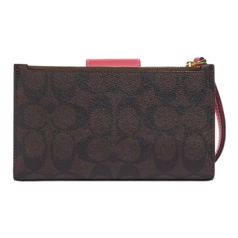 COACH Tech Wallet Coated Canvas With Smooth Leather Wrist Bag Card Holder Wallet Women's Brown & Watermelon Red-1