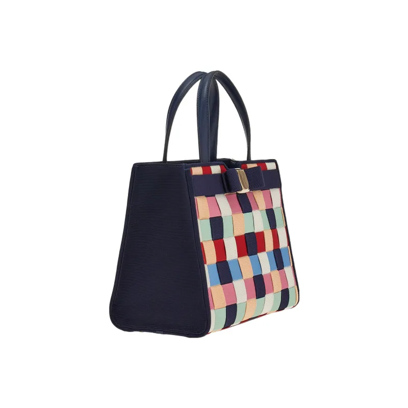 FERRAGAMO Vara Fabric Cow Leather Patchwork Tote Bag Shopping Bag Shoulder Bag Crossbody Bag Handbag Women's-1