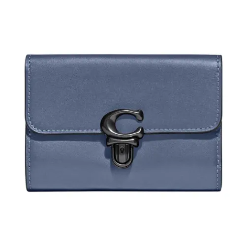 COACH Studio Tanned Leather Coin Purse Card Holder Handheld Wallet Medium Size Women's Dark Blue