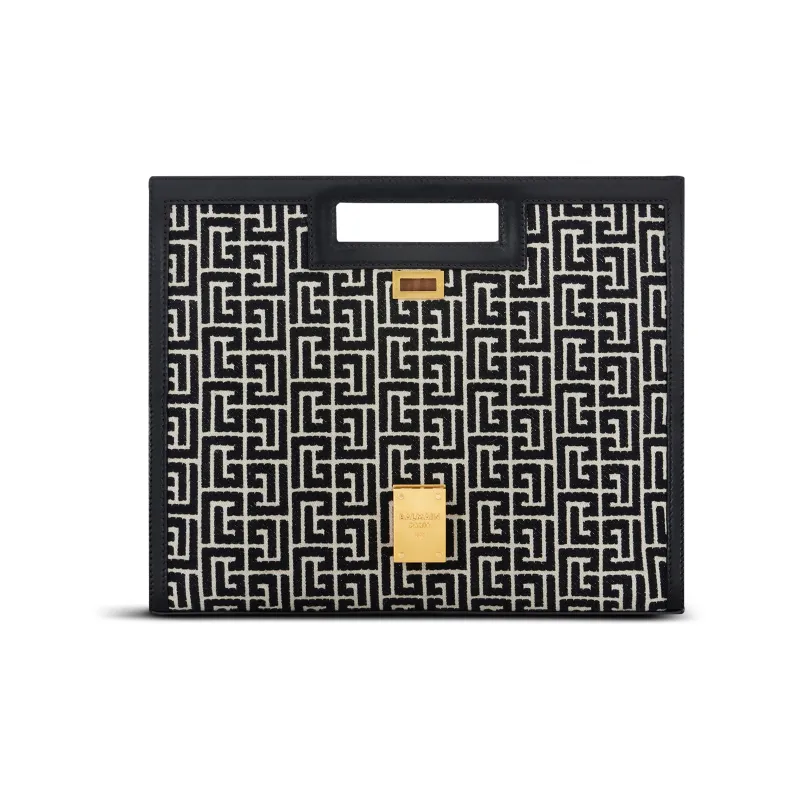 BALMAIN 1945HERITAGE Jacquard Calfskin Trim Handheld Shoulder Bag Women's Black White-2