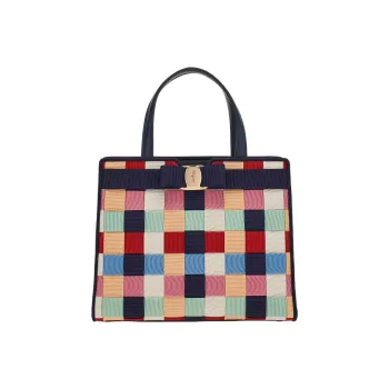 FERRAGAMO Vara Fabric Cow Leather Patchwork Tote Bag Shopping Bag Shoulder Bag Crossbody Bag Handbag Women's