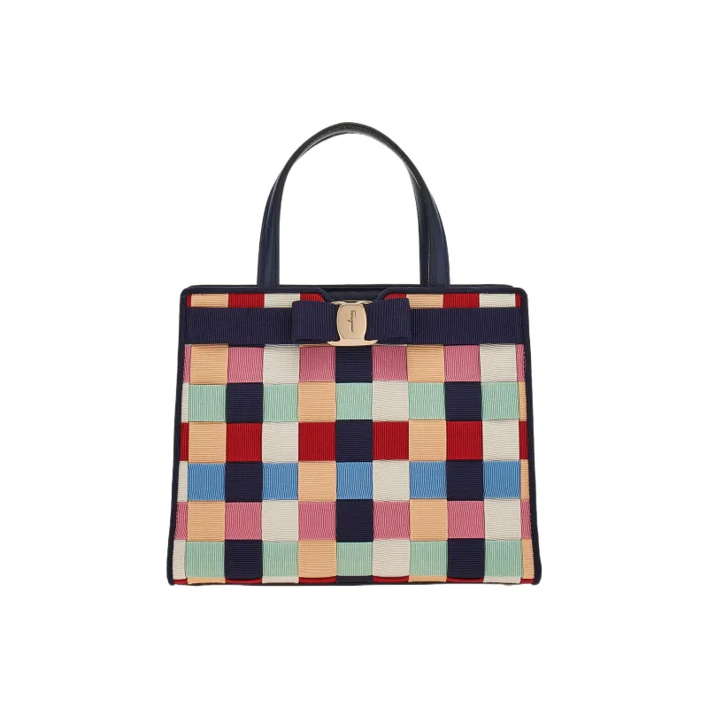 FERRAGAMO Vara Fabric Cow Leather Patchwork Tote Bag Shopping Bag Shoulder Bag Crossbody Bag Handbag Women's-0