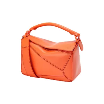 LOEWE Puzzle Satin Calfskin Clutches Handbag Shoulder Bag Crossbody Bag Small Size Women's Orange