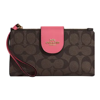 COACH Tech Wallet Coated Canvas With Smooth Leather Wrist Bag Card Holder Wallet Women's Brown & Watermelon Red