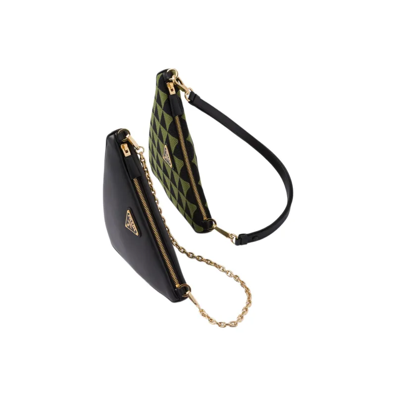 PRADA Triangle Leather With Fabric Triangle Bag Handbag Handbag Mini Women's Black/Ivy Green-3