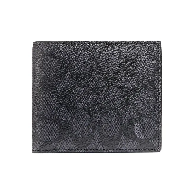 COACH Signature Coated Canvas With Refined Calfskin Card Holder, Wallet Men's Black-0