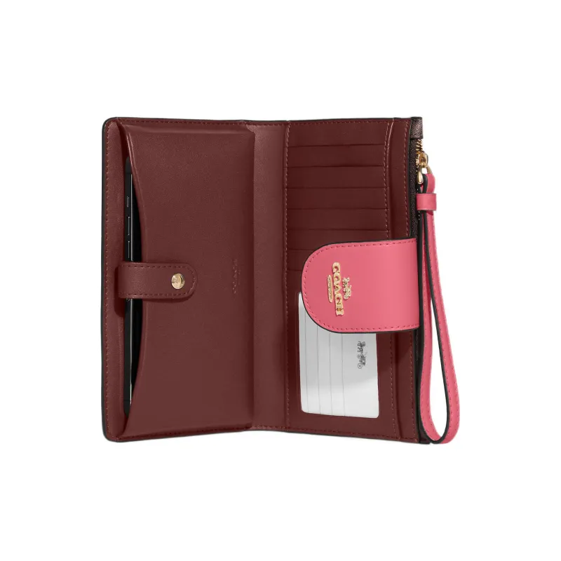 COACH Tech Wallet Coated Canvas With Smooth Leather Wrist Bag Card Holder Wallet Women's Brown & Watermelon Red-2