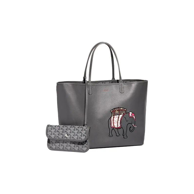 GOYARD Anjou Calfskin With Canvas Tote Bag Shopping Bag Handbag Small Size Women's Gray/Pink-0