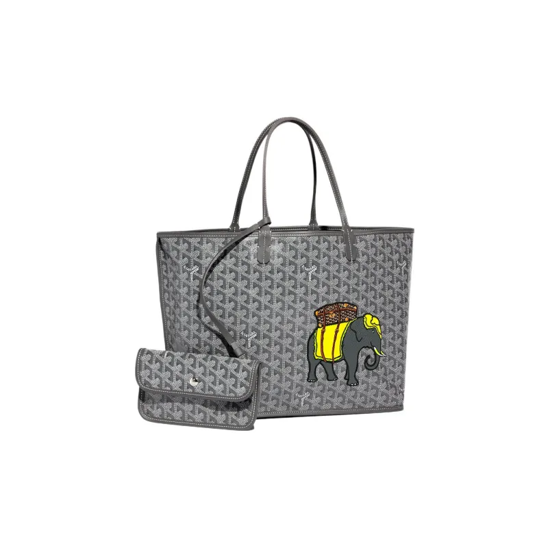 GOYARD Anjou Calfskin Canvas Tote Bag Shopping Bag Handbag Small Size Women's Gray/Yellow-1