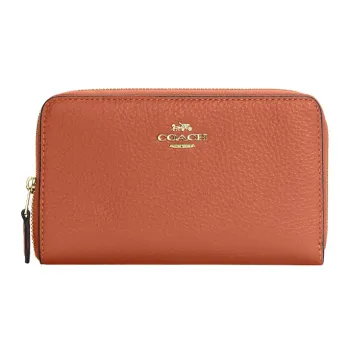 COACH Id Zip Wallet Refined Pebble Leather Card Holder Wallet Women's Sunset Red