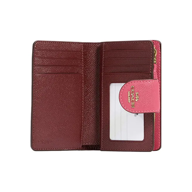 COACH Corner Zip Cross-Stitch Leather Clutches Card Holder Wallet Medium Size Women's Watermelon Red-1