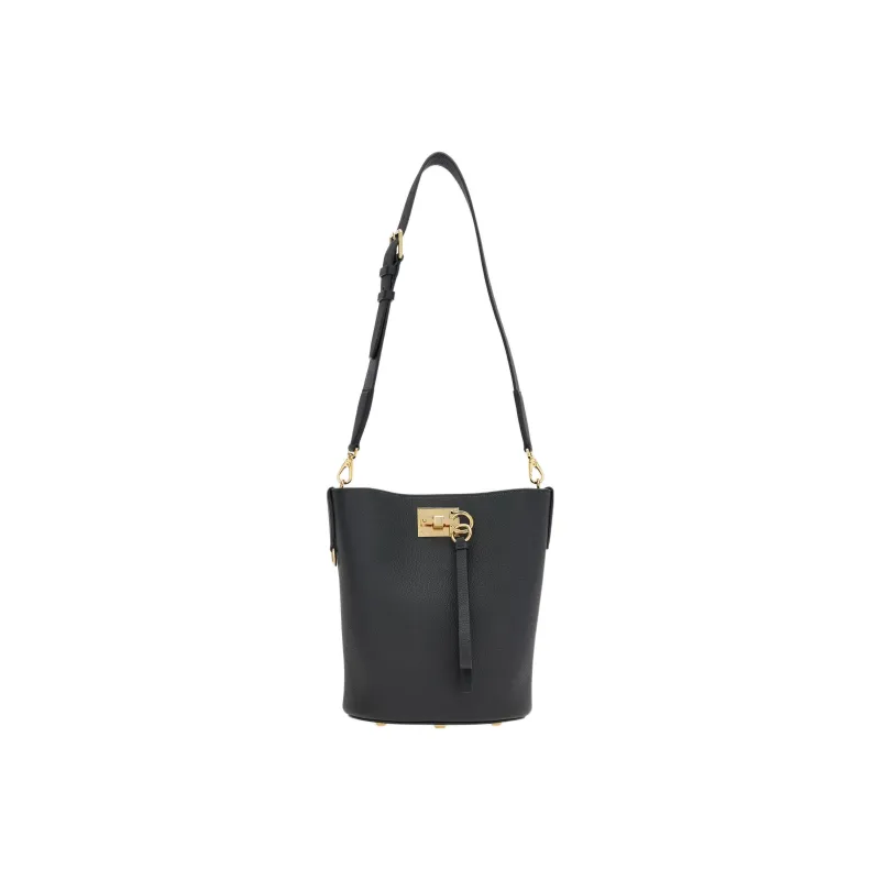 FERRAGAMO Studio Natural Grain Soft Calfskin Bucket Bag, Handbag, Shoulder Bag Women's Black-0