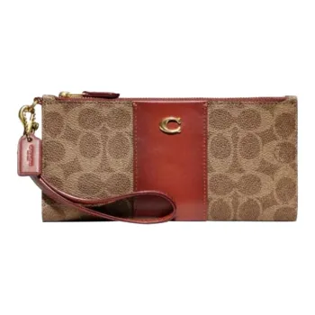 COACH Double Zip Wallet Signature Coated Canvas With Refined Calfskin Clutch Card Holder, Wallet Women's Tan & Rusty