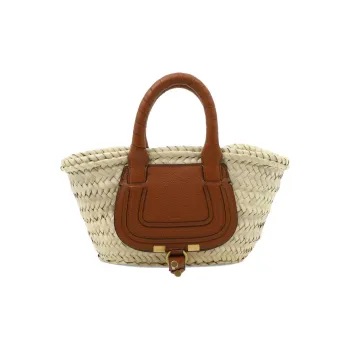 Chloe Marcie Woven Raffia With Grain Calfskin Basket Handbag Mini Women's Brown