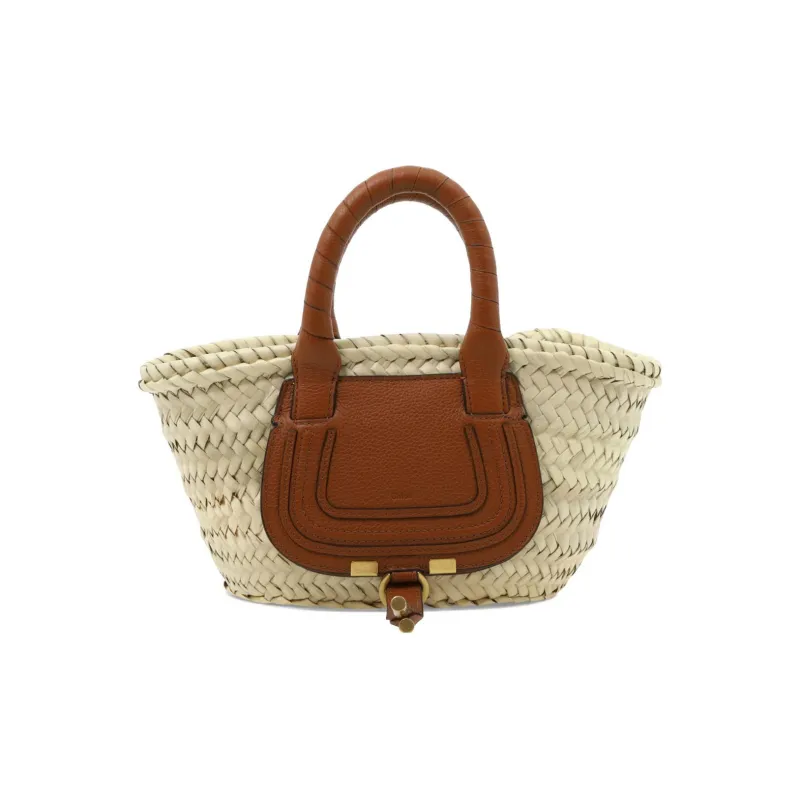 Chloe Marcie Woven Raffia With Grain Calfskin Basket Handbag Mini Women's Brown-0