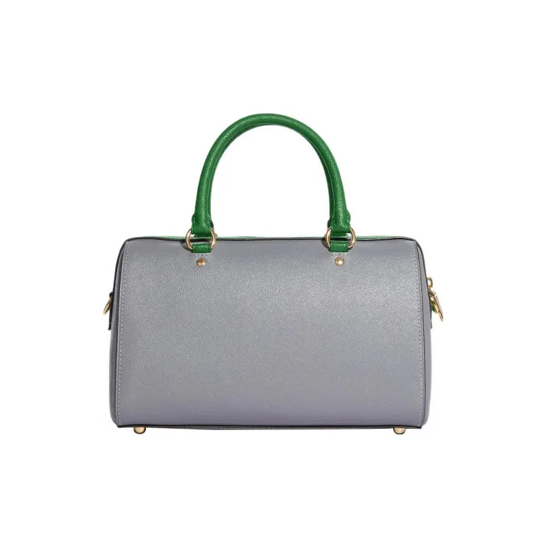 COACH Rowan Cross Grain Leather Boston Bag, Handbag, Shoulder Bag, Crossbody Bag Large Size Women's Gray & Green-1