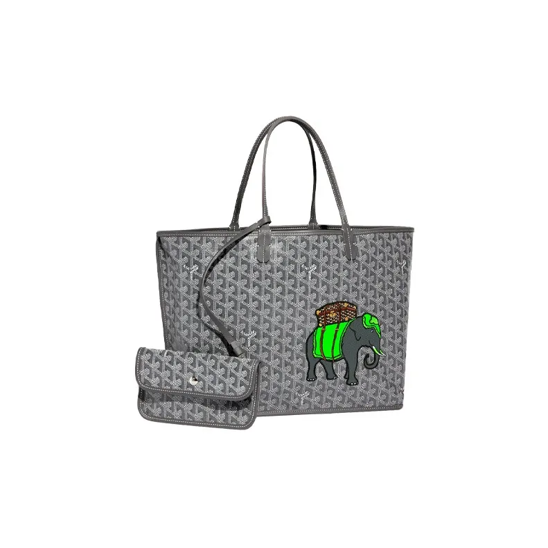 GOYARD Anjou Calfskin With Canvas Tote Bag Shopping Bag Handbag Small Size Women's Gray/Green-1