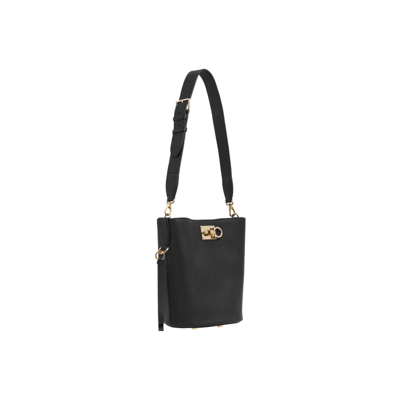 FERRAGAMO Studio Natural Grain Soft Calfskin Bucket Bag, Handbag, Shoulder Bag Women's Black-1