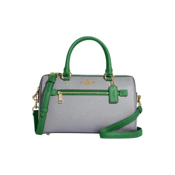 COACH Rowan Cross Grain Leather Boston Bag, Handbag, Shoulder Bag, Crossbody Bag Large Size Women's Gray & Green