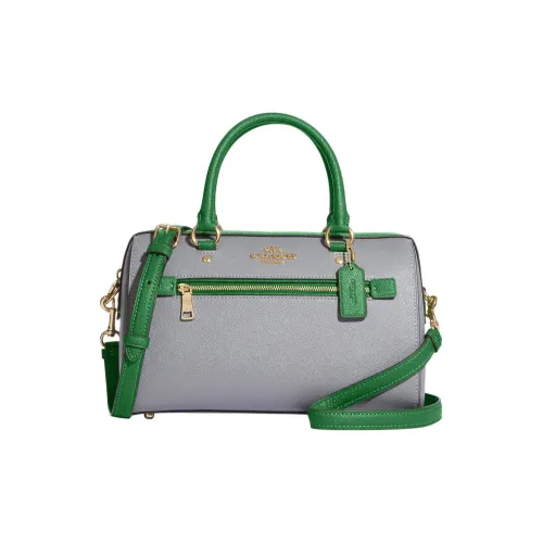 COACH Rowan Cross Grain Leather Boston Bag, Handbag, Shoulder Bag, Crossbody Bag Large Size Women's Gray & Green