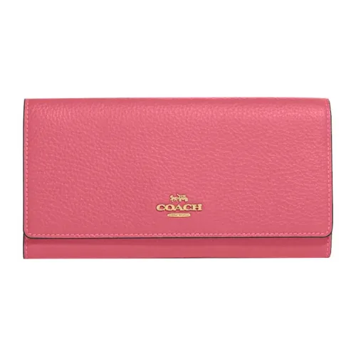 COACH Trifold Wallet Pebbled Leather Clutches Card Holder Wallet Women's Watermelon Red