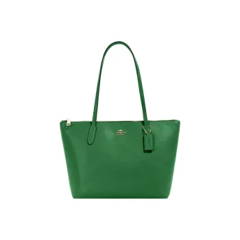 COACH Zip Top Tote Cross-Stitch Leather Tote Bag Shopping Bag Handbag Shoulder Bag Large Size Women's Green