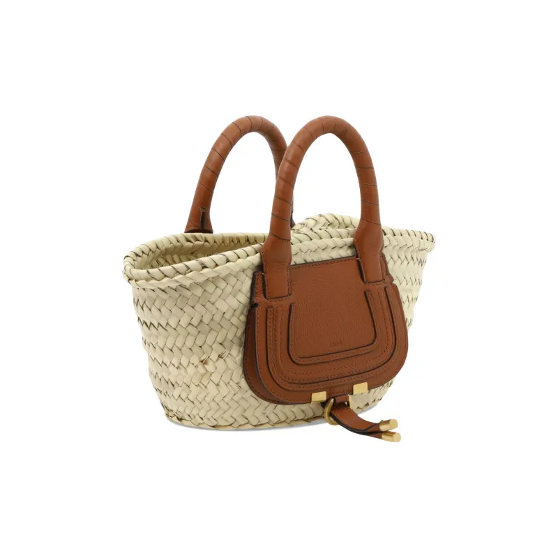 Chloe Marcie Woven Raffia With Grain Calfskin Basket Handbag Mini Women's Brown-1