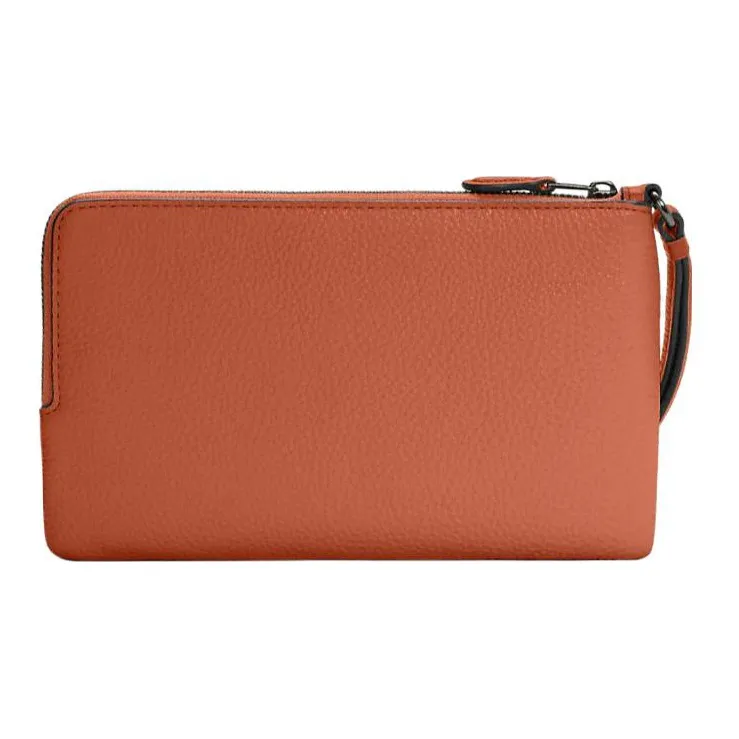 COACH Double Zip Wallet Refined Pebble Leather Wrist Bag Card Holder Wallet Women's Yellow & Sunset Red-1