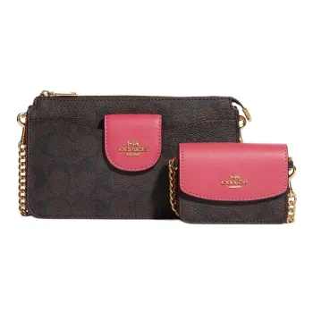 COACH Cow Leather Patchwork PVC Combo Bag Shoulder Bag Crossbody Bag Women's Brown & Watermelon Red