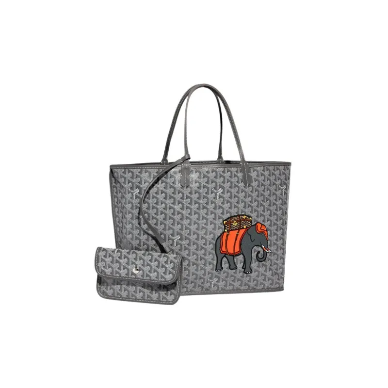 GOYARD Anjou Calfskin With Canvas Tote Bag Shopping Bag Handbag Small Size Women's Gray/Orange-1