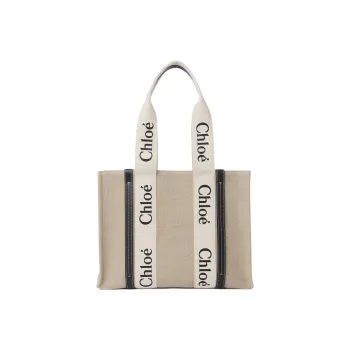 Chloe Woody Linen Canvas With Shiny Calfskin Tote Bag Shopping Bag Shoulder Bag Handbag Medium Size Women's White/Blue